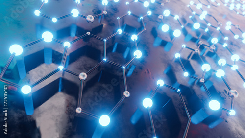 3d rendering of a minimalist yet complex representation of a network system with multiple connection lines, metallic spheres, cold lights placed on a reflective wet surface with soft focus background