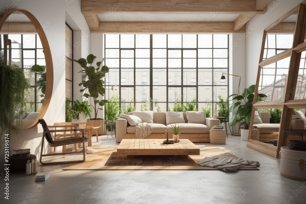Fototapeta premium Interior design for a contemporary, light loft with large windows