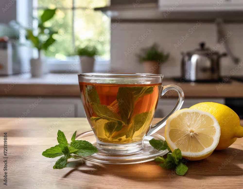 Tea made with mint and lemon prepared on the kitchen counter Tea made with mint and lemon prepared on the kitchen counter