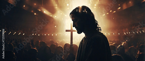 Jesus in a silhouette double exposure. In the background is the Crowd of people worshiping the cross. Stylish in the style of double exposure