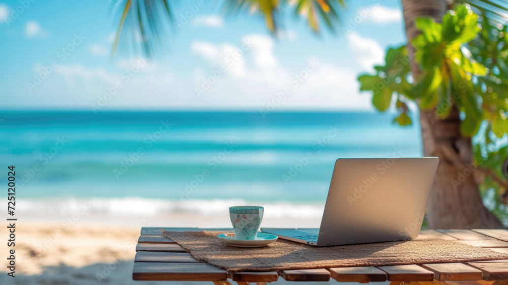 outdoor office or workspace with laptop and coffee cup at sea beach on summer holiday. outdoor office or workspace with laptop and coffee cup at sea beach on summer holiday.