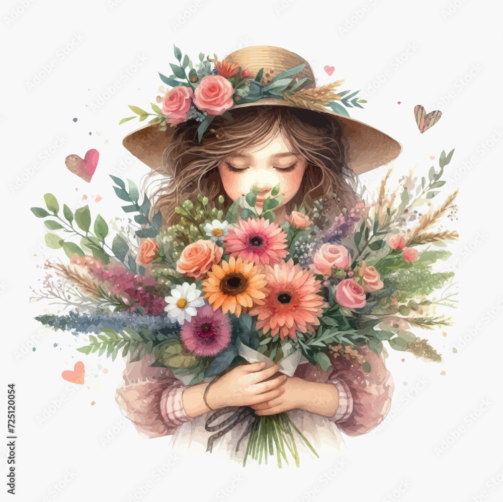 Beautiful girl in a straw hat with a bouquet of flowers Beautiful girl in a straw hat with a bouquet of flowers