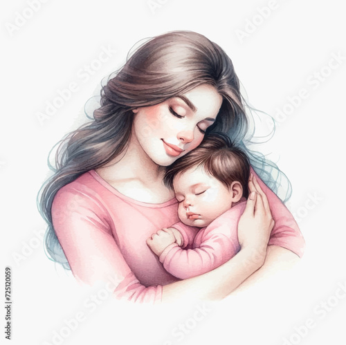Mother with her baby on a white background. Watercolor illustration.