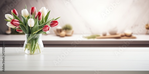 Home comfort conveyed through a Scandinavian-style white kitchen with a tulip bouquet on a wooden table. #725120213