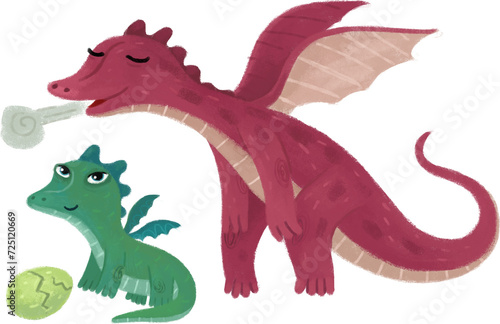 cartoon scene with dragons dino family parent with kid isolated illustration for children