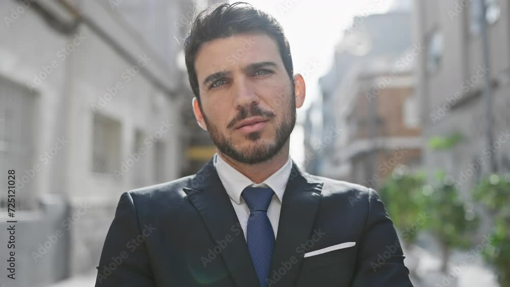 Handsome young hispanic man in suit poses confidently on an urban city street, portraying professionalism and style. Handsome young hispanic man in suit poses confidently on an urban city street, portraying professionalism and style.