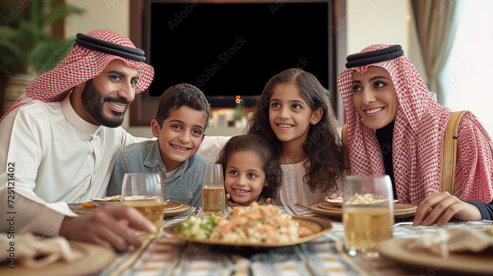 happy family from muslim family celebrating ramadan holy month together.