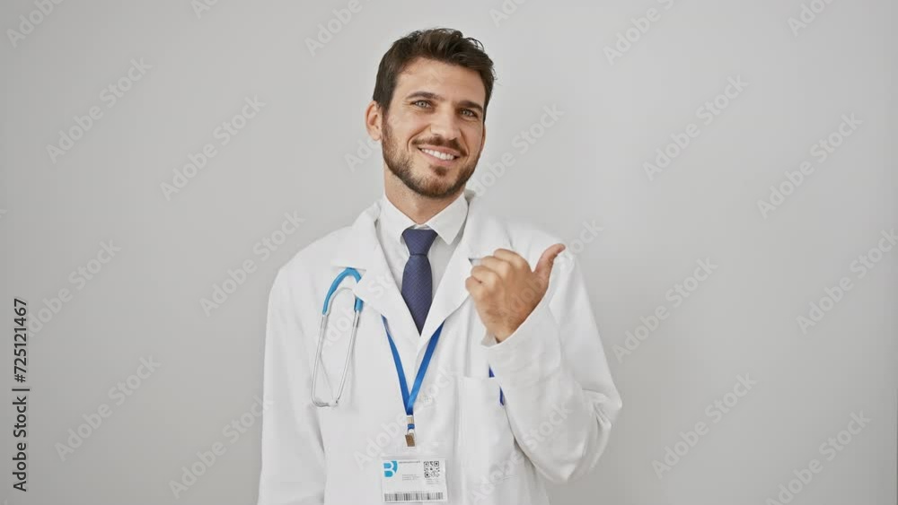 Cheerful young hispanic guy, a doctor donning a stethoscope, warmly smiling and pointing upwards with thumb to showcase products. captured against a white isolated backdrop. Cheerful young hispanic guy, a doctor donning a stethoscope, warmly smiling and pointing upwards with thumb to showcase products. captured against a white isolated backdrop.