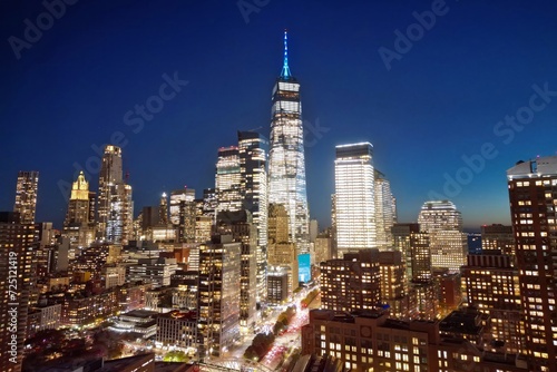 New York City famous top view. Night New York City from above. Night New York panorama, NYC skyline at twilight. Manhattan buildings from drone. New York building skyscrapers skyline from above.