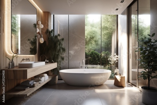 Interior of a luxury modern home bathroom with a glass bathtub  shelf  plant  and window