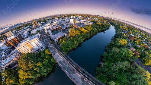 Aerial drone view, from Claudelands Bridge, over Hamilton City (Kirikiriroa) in the Waikato region of New Zealand