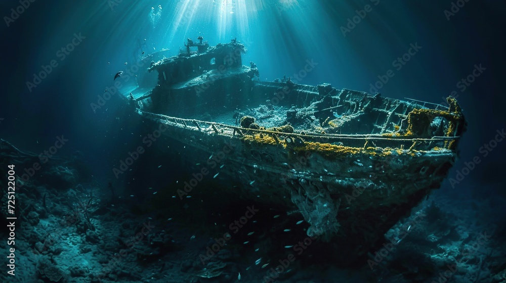 A hauntingly beautiful underwater shipwreck illuminated by dappled sunlight - obrazy, fototapety, plakaty 