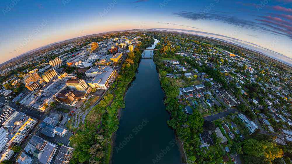 Aerial drone view, from Victoria on the River, over Hamilton City (Kirikiriroa) in the Waikato region of New Zealand
