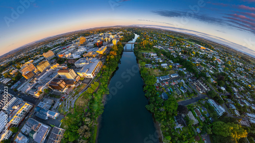 Aerial drone view, from Victoria on the River, over Hamilton City (Kirikiriroa) in the Waikato region of New Zealand