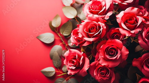 Red roses bouquet close-up on a bright red background with a copy space for the text