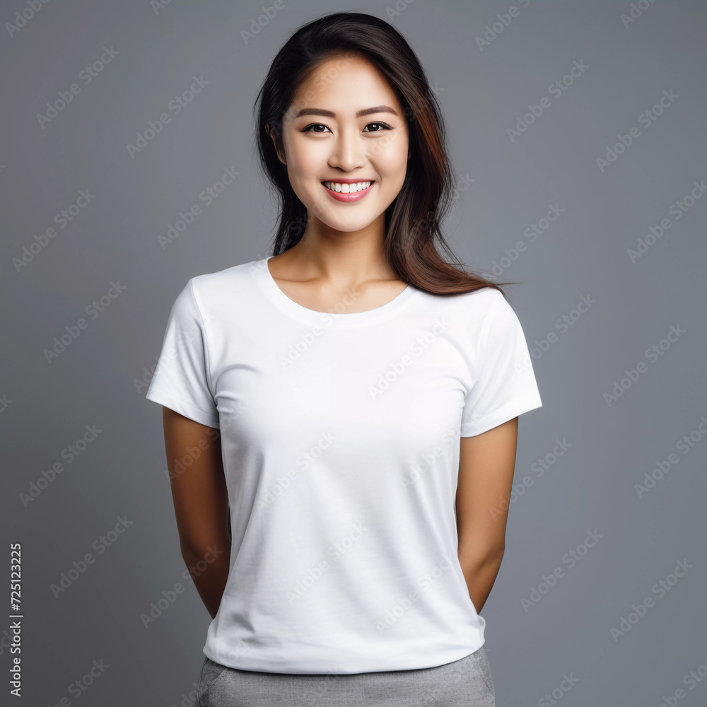 Mockup. Fashion Photography: Smiling Asian Women in White T-shirt Mockup. Fashion Photography: Smiling Asian Women in White T-shirt
