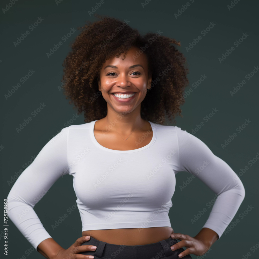 Mockup. Fashion Photography: Smiling Black Woman in White Underwear Mockup. Fashion Photography: Smiling Black Woman in White Underwear