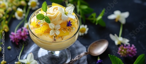 Dessert with elderflower, lemon curd, and fresh flowers in a glass jar photo
