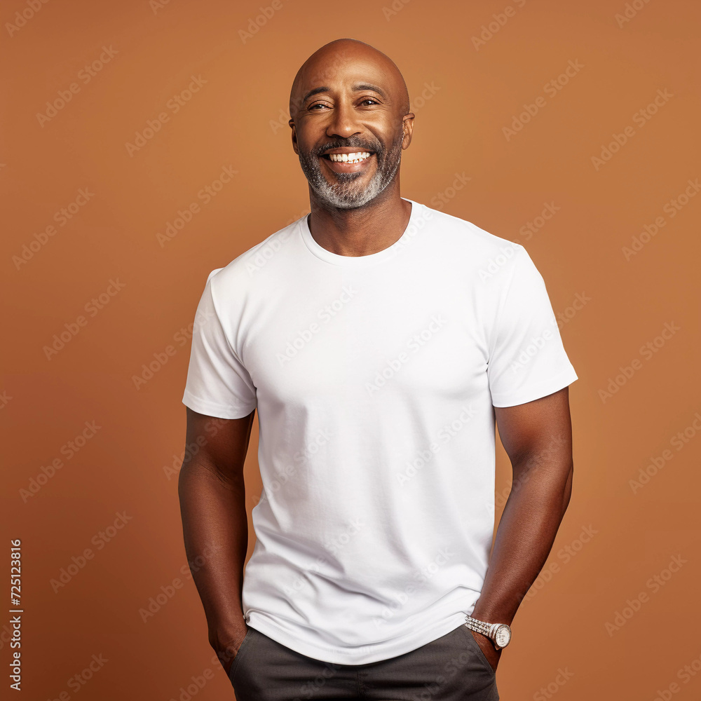 Mockup. Smiling Beautiful 50-Year-Old Black Man in White T-Shirt Mockup. Smiling Beautiful 50-Year-Old Black Man in White T-Shirt
