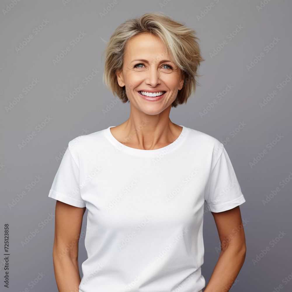 Mockup. Smiling Beautiful 60-Year-Old Woman in White T-Shirt Mockup. Smiling Beautiful 60-Year-Old Woman in White T-Shirt