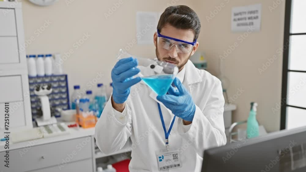 Hispanic scientist man examines blue liquid in flask at laboratory Hispanic scientist man examines blue liquid in flask at laboratory