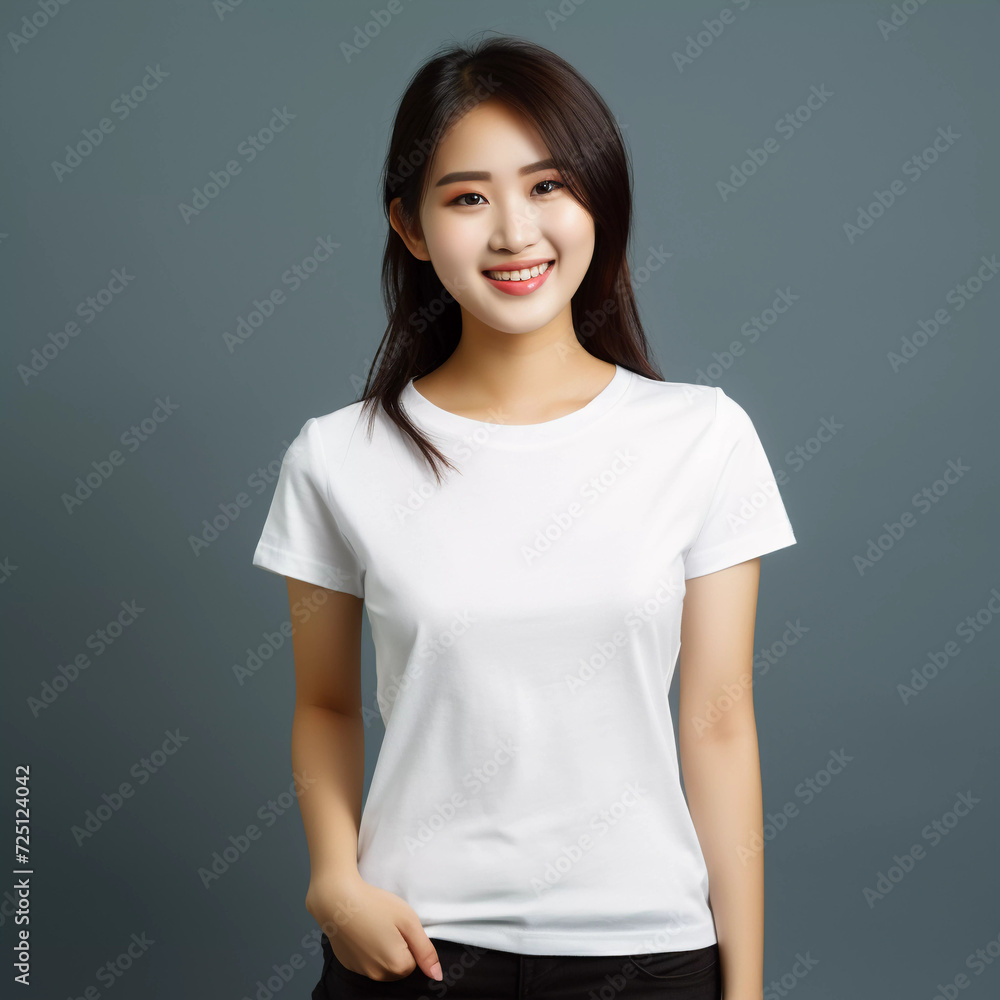 Mockup. Smiling Beautiful Chinese Women in White T-Shirt Mockup. Smiling Beautiful Chinese Women in White T-Shirt
