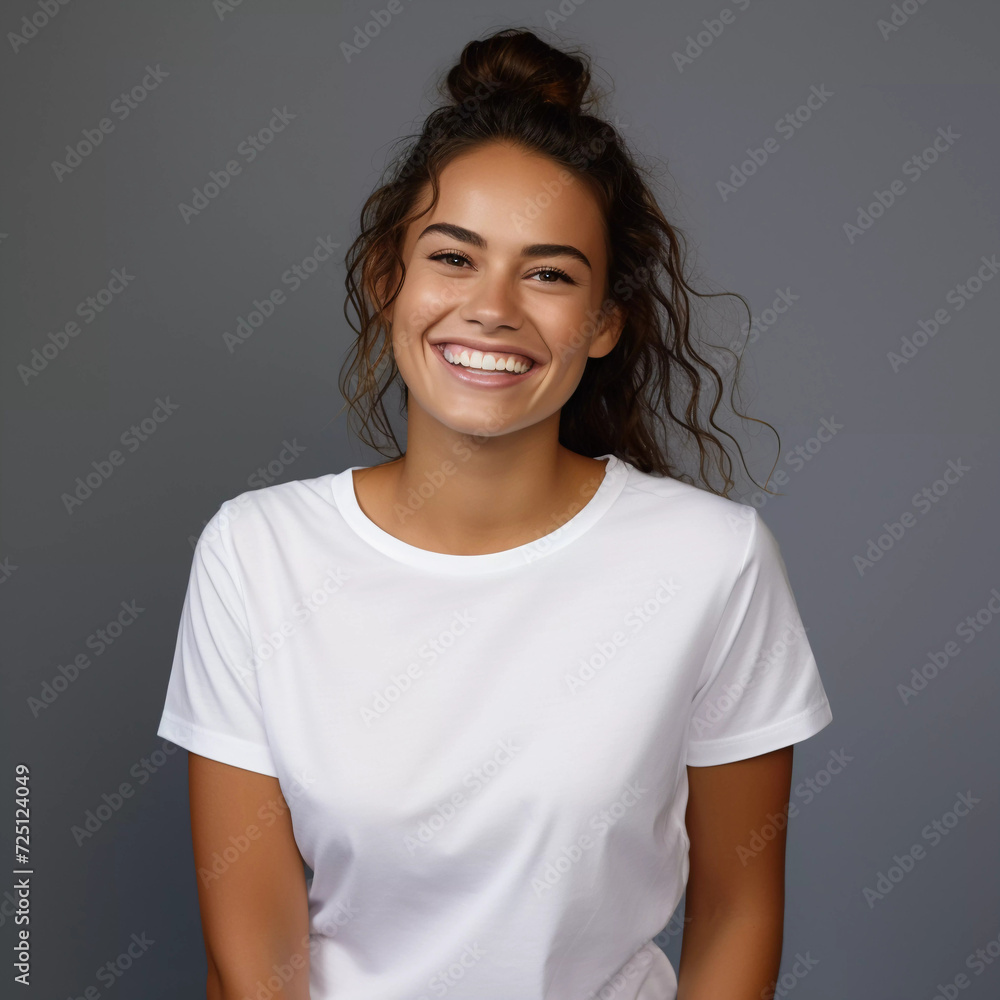 Mockup. Smiling Beautiful Disabled Female Model in White T-Shirt Mockup. Smiling Beautiful Disabled Female Model in White T-Shirt