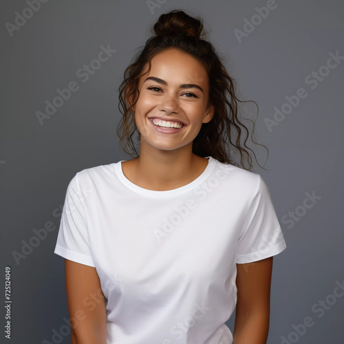 Mockup. Smiling Beautiful Disabled Female Model in White T-Shirt