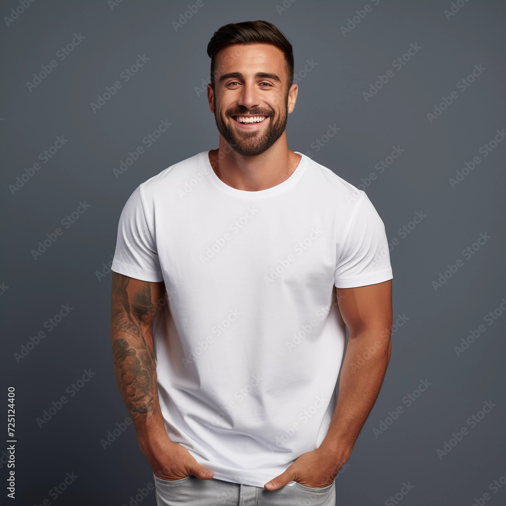 Mockup. Smiling Beautiful Oversize Man in White T-Shirt