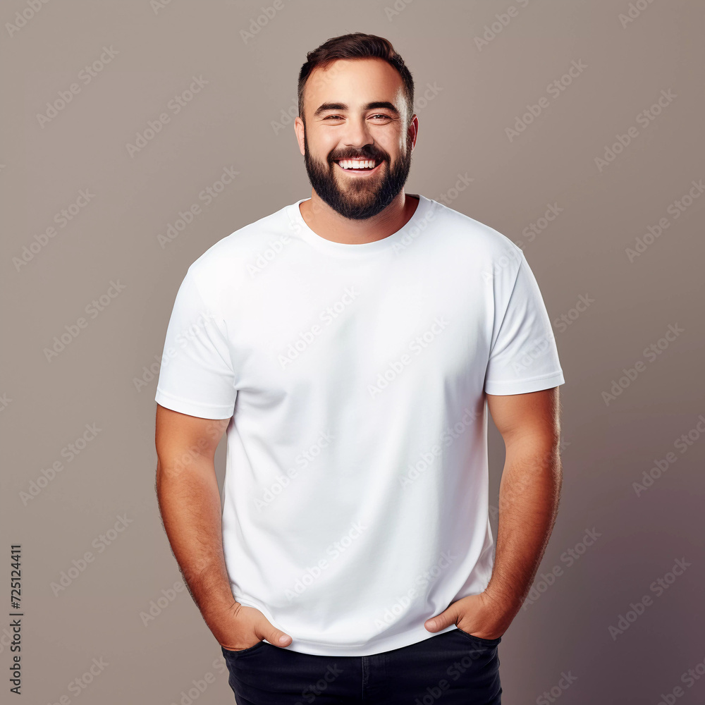 Mockup. Smiling Beautiful Oversize Man in White T-Shirt Mockup. Smiling Beautiful Oversize Man in White T-Shirt