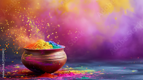 Indian festival Holi concept colour bowl with colorful background and writing holi Hai in marathi calligraphy,Diwali Rangoli Color Background