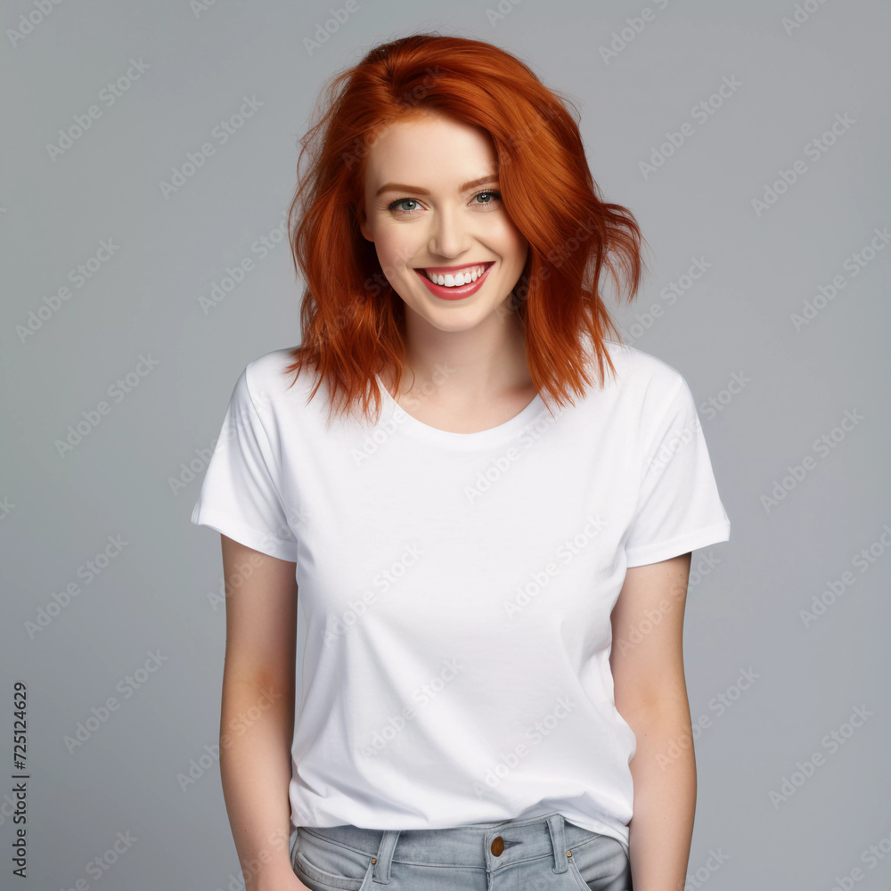Mockup. Smiling Redhead Women in White T-Shirt Mockup. Smiling Redhead Women in White T-Shirt