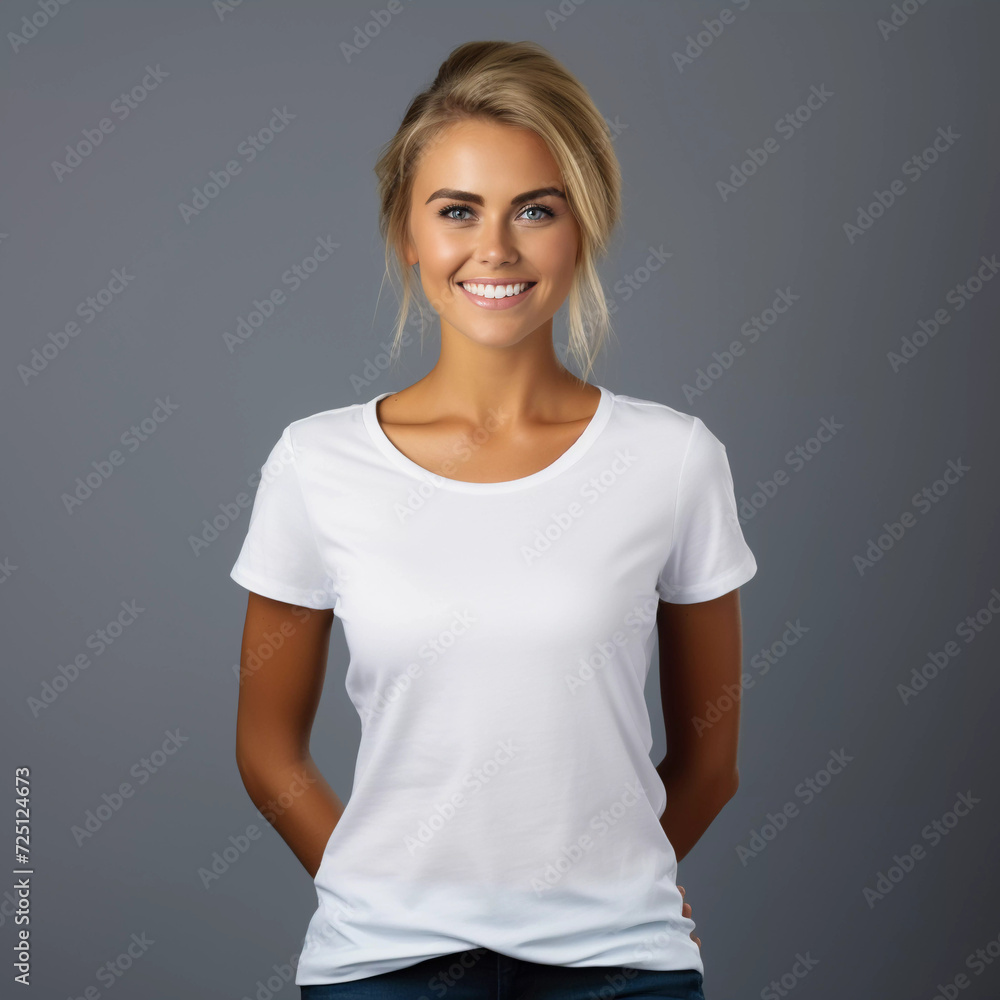 Mockup. Smiling Women in White T-Shirt Mockup. Smiling Women in White T-Shirt