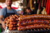 Street Food Tradition: Marrakech's bustling souk is adorned with a tempting display as a vendor presents spicy merguez sausages, a delectable fusion of lamb, beef, harissa, and North African spices