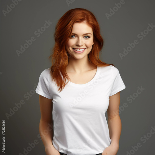 Mockup. Smiling Redhead Women in White T-Shirt