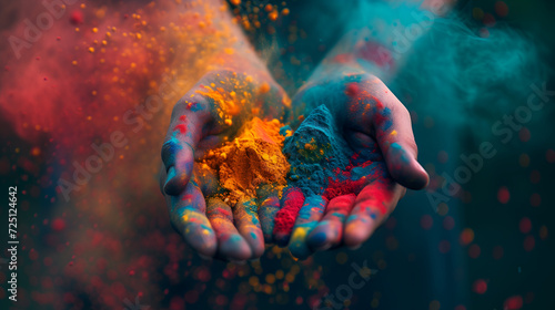 Holiday Holi concept.An explosion of multi-colored paint, bright vibrant pigments. Noisy dust and powder texture, flicker and shimmer noise. Background with hands for design,
Colorful holi powder 