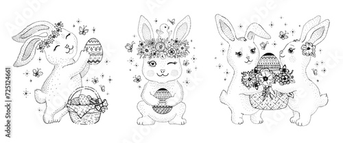 Easter bunny vector illustration. Cute rabbit outline doodle sketch on white background. Line cartoon bunny animal drawing. Easter rabbit clipart. Ink simple characters. Little hare childish icon art