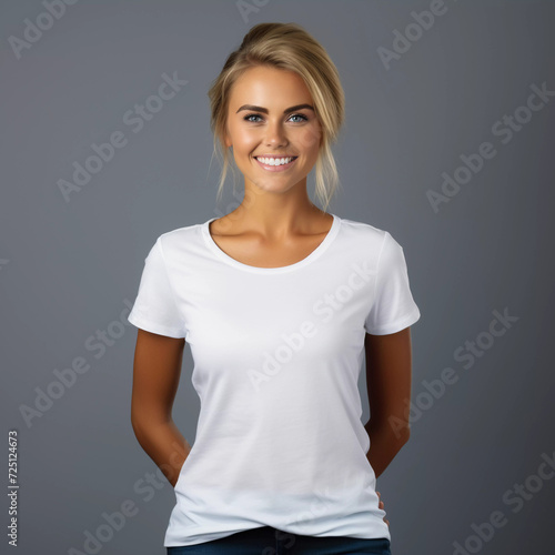 Mockup. Smiling Women in White T-Shirt