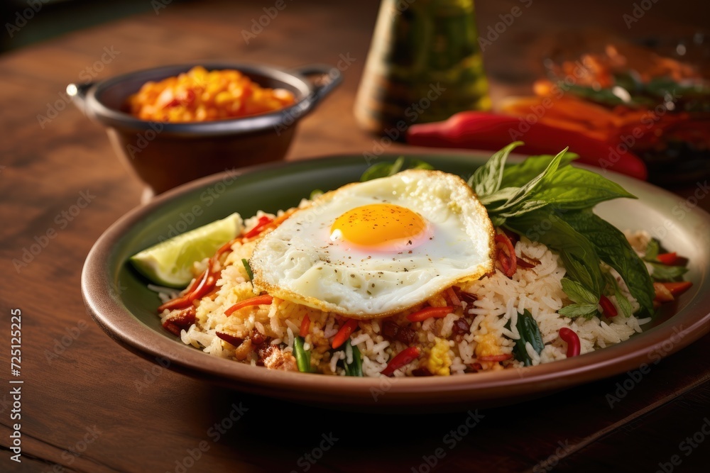 Flavors of Indonesia: Nasi Goreng Feast, Skillfully Capturing the Vibrant Colors and Textures of Indonesia's Famous Fried Rice Dish, Complete with a Perfect Sunny-side-up Egg and Crisp Shallots Flavors of Indonesia: Nasi Goreng Feast, Skillfully Capturing the Vibrant Colors and Textures of Indonesia's Famous Fried Rice Dish, Complete with a Perfect Sunny-side-up Egg and Crisp Shallots