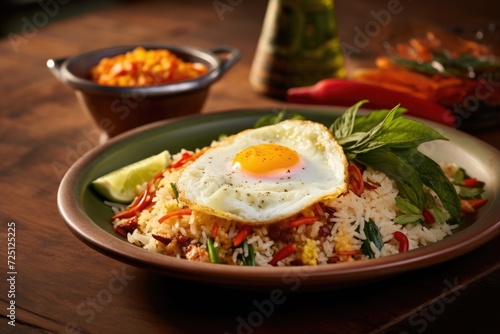 Flavors of Indonesia: Nasi Goreng Feast, Skillfully Capturing the Vibrant Colors and Textures of Indonesia's Famous Fried Rice Dish, Complete with a Perfect Sunny-side-up Egg and Crisp Shallots