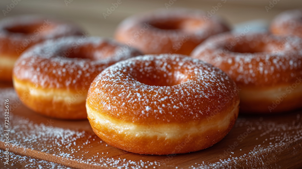 Sugared Golden Donuts on Wooden Table