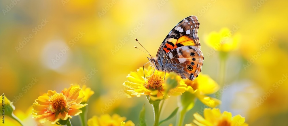 Springtime scene with closed-wing Painted Lady Butterfly on plant stem among yellow flowers in the backdrop. Springtime scene with closed-wing Painted Lady Butterfly on plant stem among yellow flowers in the backdrop.
