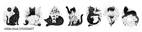 Magic black cats silhouettes. Outline tattoo art, Halloween poster kitties with celestial design. Groovy mystic concept of witches, esoteric. Vector sketch illustration, cute black cat. Vintage kitten