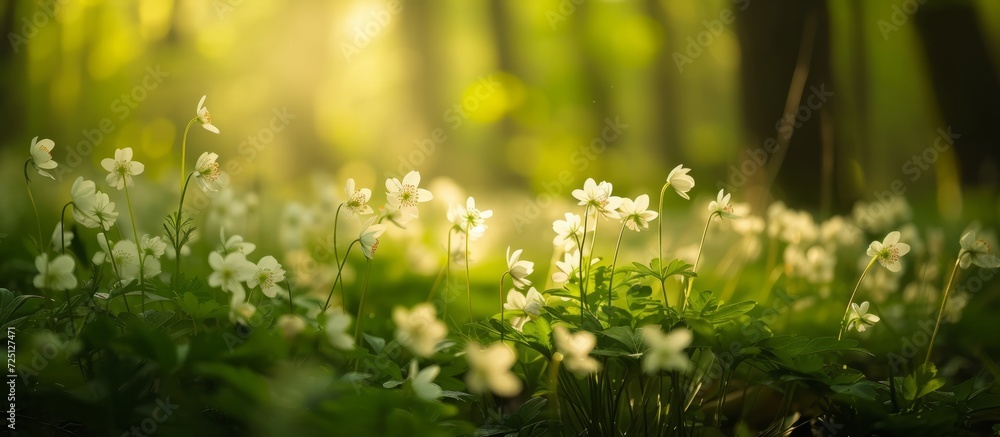 The enchanting allure of spring emerges in the wild forest, where delicate flowers bloom with a soft glow and alluring scent, pleasing the observer with gentle inflorescence and vibrant green stems.