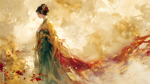 Chinese art print : beauty girl in traditional chinese dress, in the style of detailed fantasy art, mural painting. Generative AI. photo