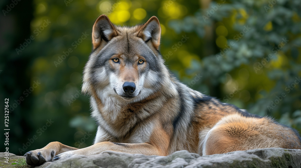 Wolf resting on rock with lush greenery in the background