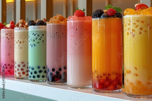Close-up photo showcasing different flavors colorful of bubble tea boba. photo