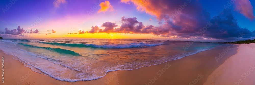 A panoramic photo of sea waves on the beach and the sky during sunset. nature