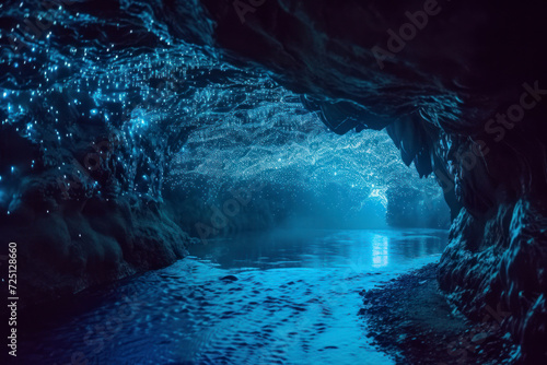 Bioluminescent cave exploration, a cave illuminated by bioluminescent organisms. © Hunman