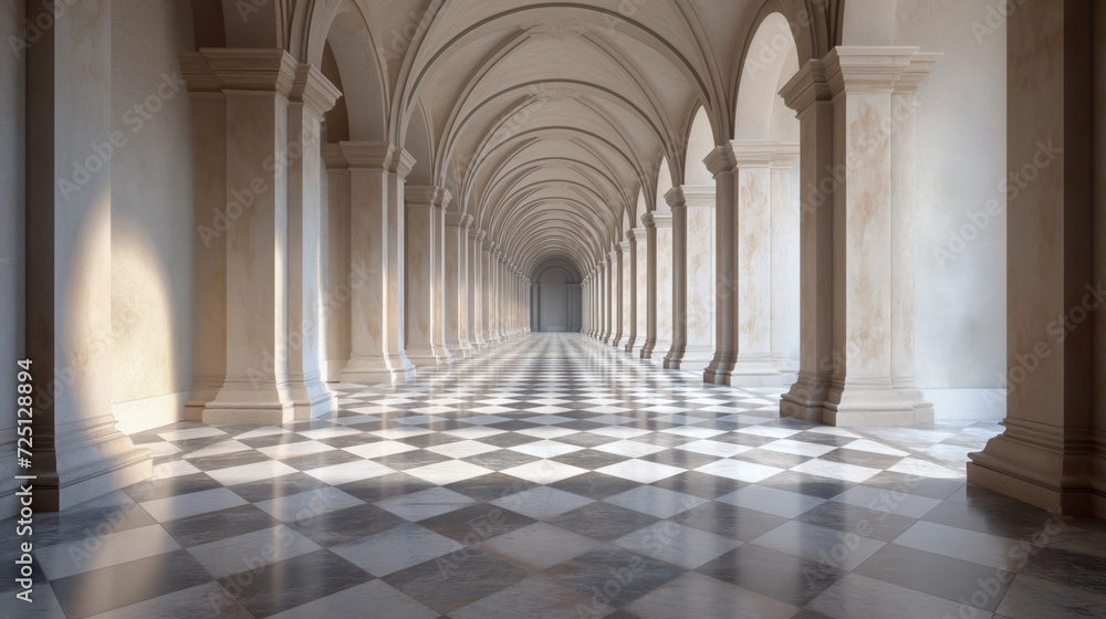 Symmetrical corridor with arches and marble floors.